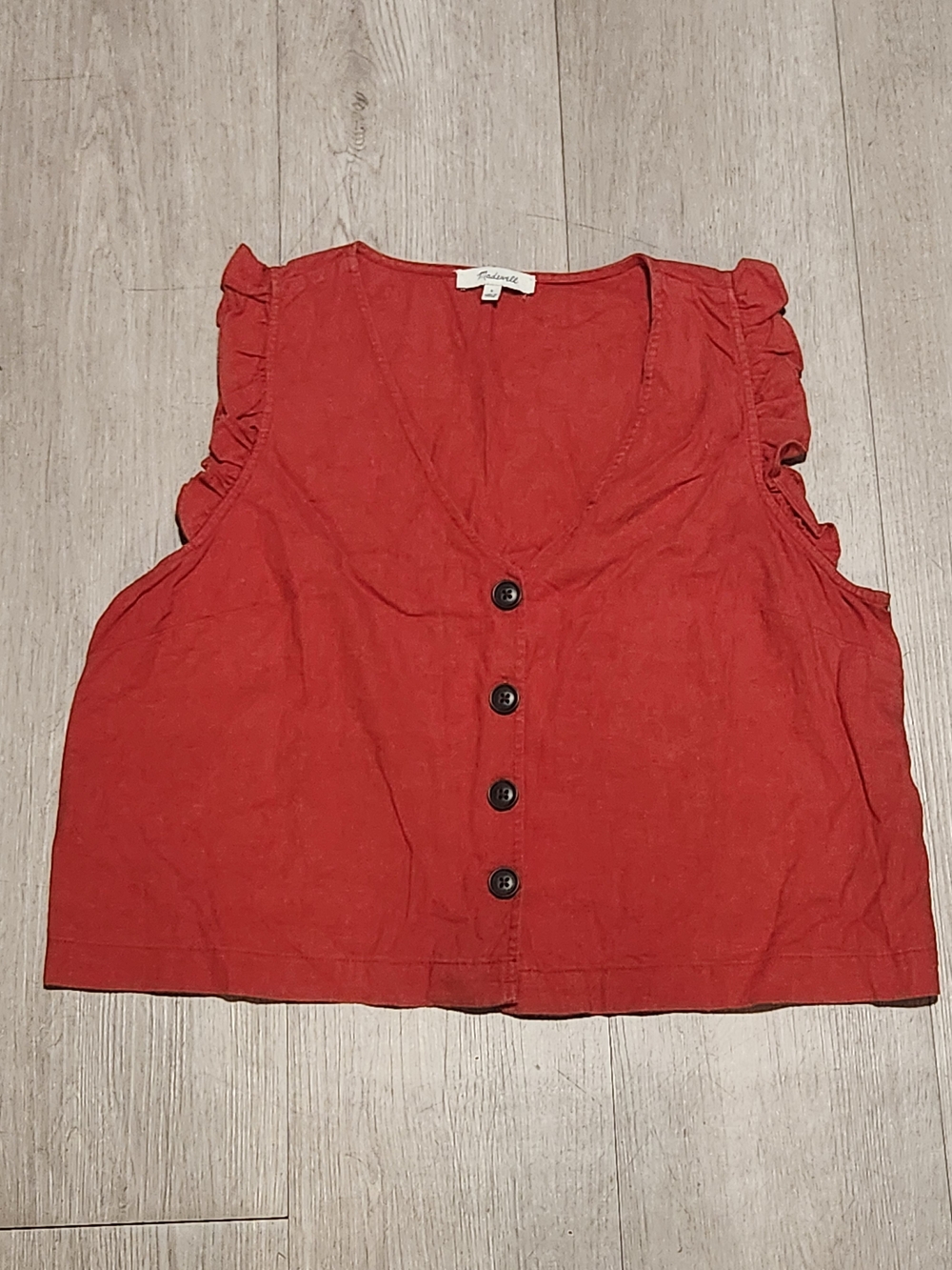 Madewell Terracotta Rust Linen Ruffle Button-Front Crop Tank